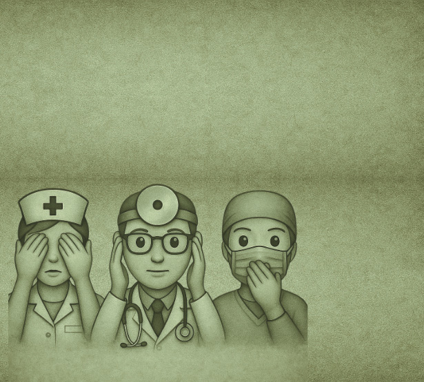 Illustration de 3 professionnels de santé représentant les singes de la sagesse sur fond vert - MACSF