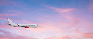 Un avion en vol dans un ciel rose et bleu - MACSF