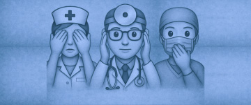 Illustration de 3 professionnels de santé représentant les singes de la sagesse sur fond bleu - MACSF