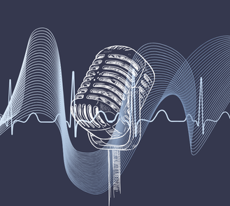 Illustration d’un ancien microphone avec des ondes sonores graphiques blanches sur fond bleu nuit