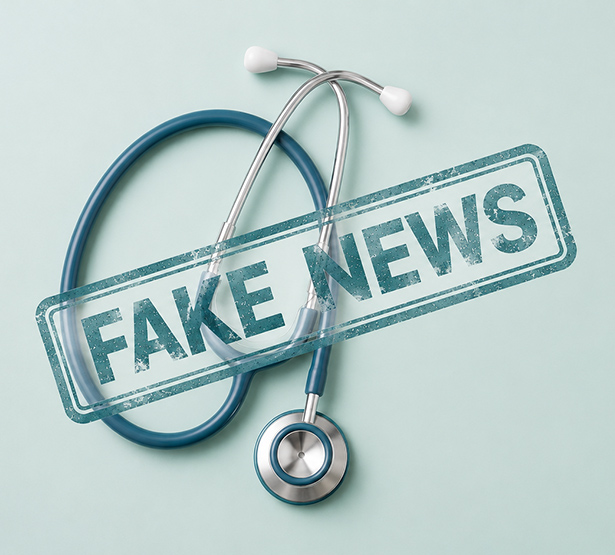 Un stéthoscope posé sur un fond vert avec la mention fake news - MACSF