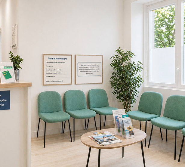 Une salle d’attente moderne avec des chaises vertes, une petite table, un comptoir d’accueil et des panneaux affichant les tarifs de consultation - MACSF