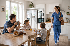 Une professionnelle de santé en famille avant de partir au travail - MACSF