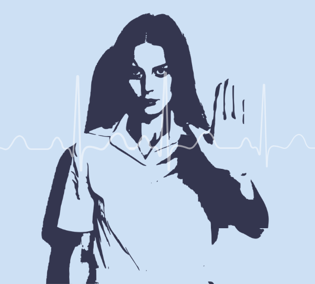 Illustration d’une professionnelle de santé en blouse, avec un tracé de monitoring cardiaque en arrière-plan - MACSF