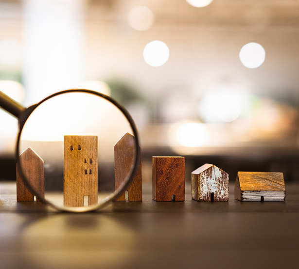 Représentation de 8 petites maisons en bois alignées et pointées par une loupe - MACSF