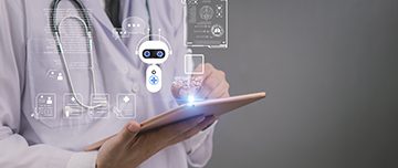 Un professionnel de santé utilise une tablette affichant des icônes numériques et d’intelligence artificielle liées à la médecine - MACSF