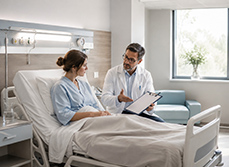 Un médecin discute avec sa patiente alitée et lui présente un document - MACSF