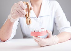 Une femme dentiste avec un modèle de mâchoire - MACSF