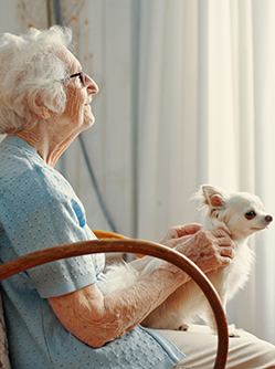 Une femme âgée regarde par la fenêtre avec son chien sur les genoux - MACSF