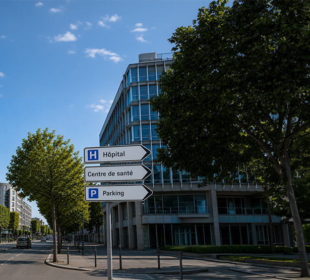Un milieu urbain dans lequel se trouve un panneau de signalisation qui pointe vers des établissements de santé - MACSF