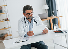 Un médecin installé à son bureau lit des documents - MACSF