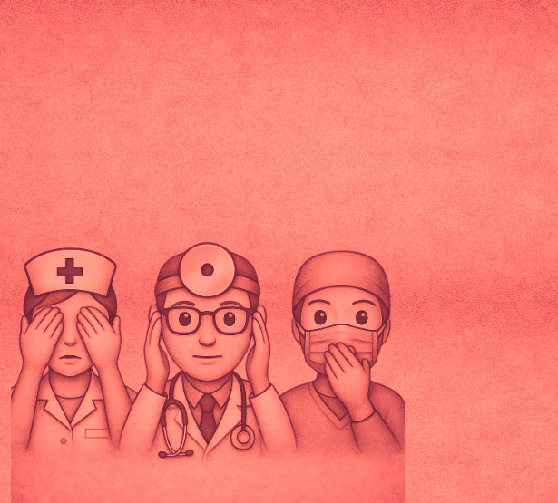 Illustration de 3 professionnels de santé représentant les singes de la sagesse sur fond rouge - MACSF