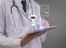 Un professionnel de santé utilise une tablette affichant des icônes numériques et d’intelligence artificielle liées à la médecine - MACSF