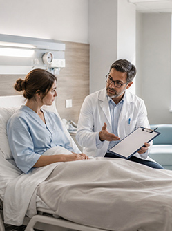Un médecin discute avec sa patiente alitée et lui présente un document - MACSF