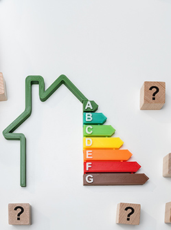 Etiquettes de classes énergétiques avec des points d'interrogation sur des cubes - MACSF