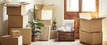 Des cartons de déménagements entreposés dans une entrée lumineuse - MACSF