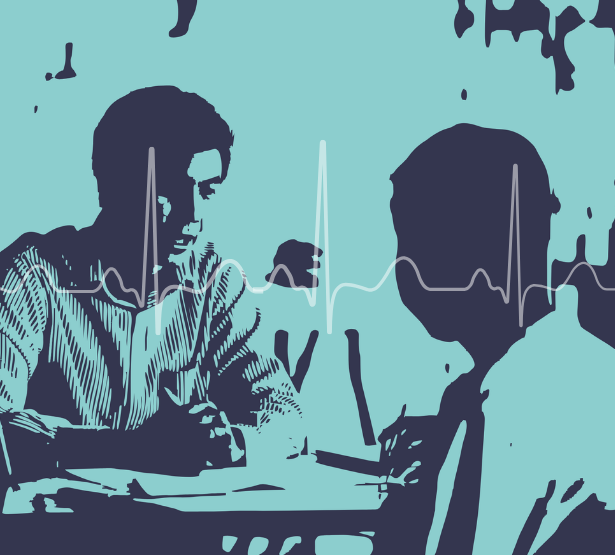 Illustration de deux professionnels de santé en blouse échangeant dans un environnement médical, avec un tracé de monitoring cardiaque en arrière-plan - MACSF
