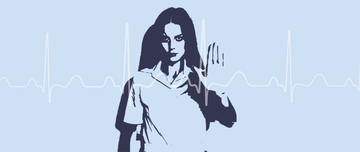 Illustration d’une professionnelle de santé en blouse, avec un tracé de monitoring cardiaque en arrière-plan - MACSF