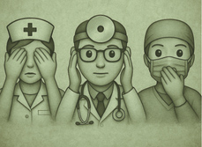 Illustration de 3 professionnels de santé représentant les singes de la sagesse sur fond vert - MACSF