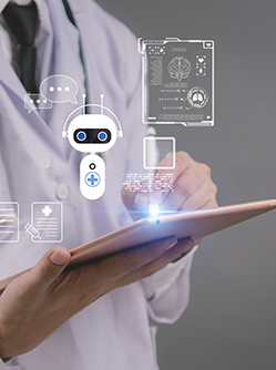 Un professionnel de santé utilise une tablette affichant des icônes numériques et d’intelligence artificielle liées à la médecine - MACSF