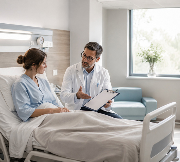 Un médecin discute avec sa patiente alitée et lui présente un document - MACSF