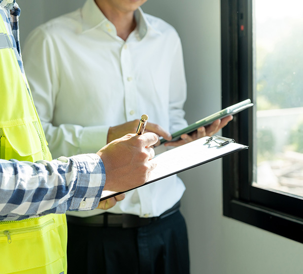 Deux personnes examinent des documents lors d’une inspection dans une maison près d'une fenêtre - MACSF