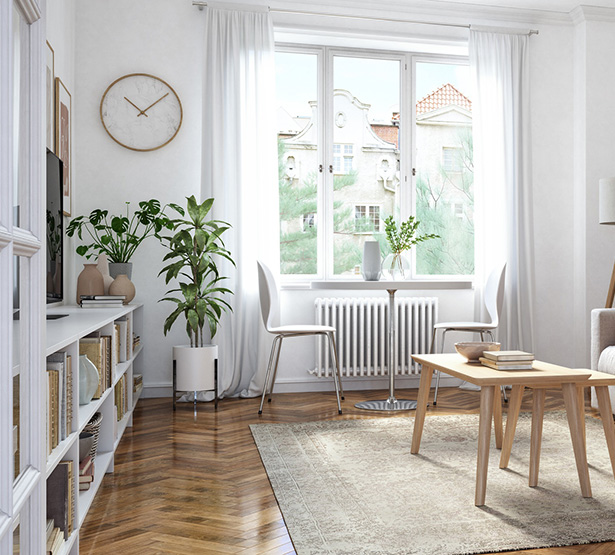 Intérieur moderne d'un salon dans les tons blanc et beige - MACSF