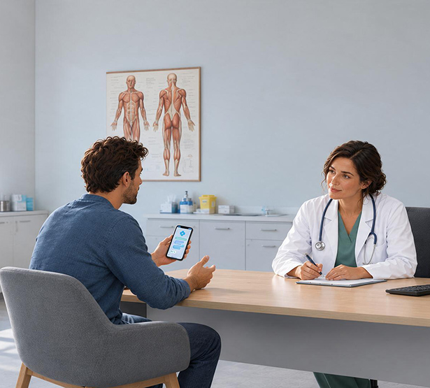 Un médecin échange avec un patient assis en face de lui, qui lui présente des informations sur son téléphone - MACSF
