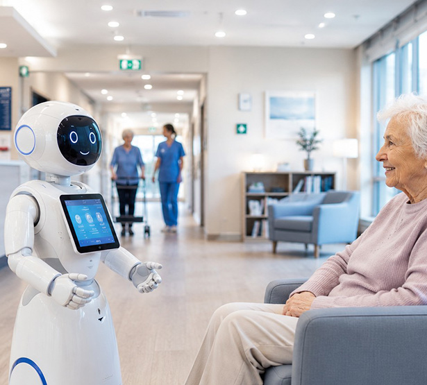 Un robot en forme d'humain affiche une tablette sur son buste et se tient devant une dame agée assise dans la salon de la maison de retraite - MACSF